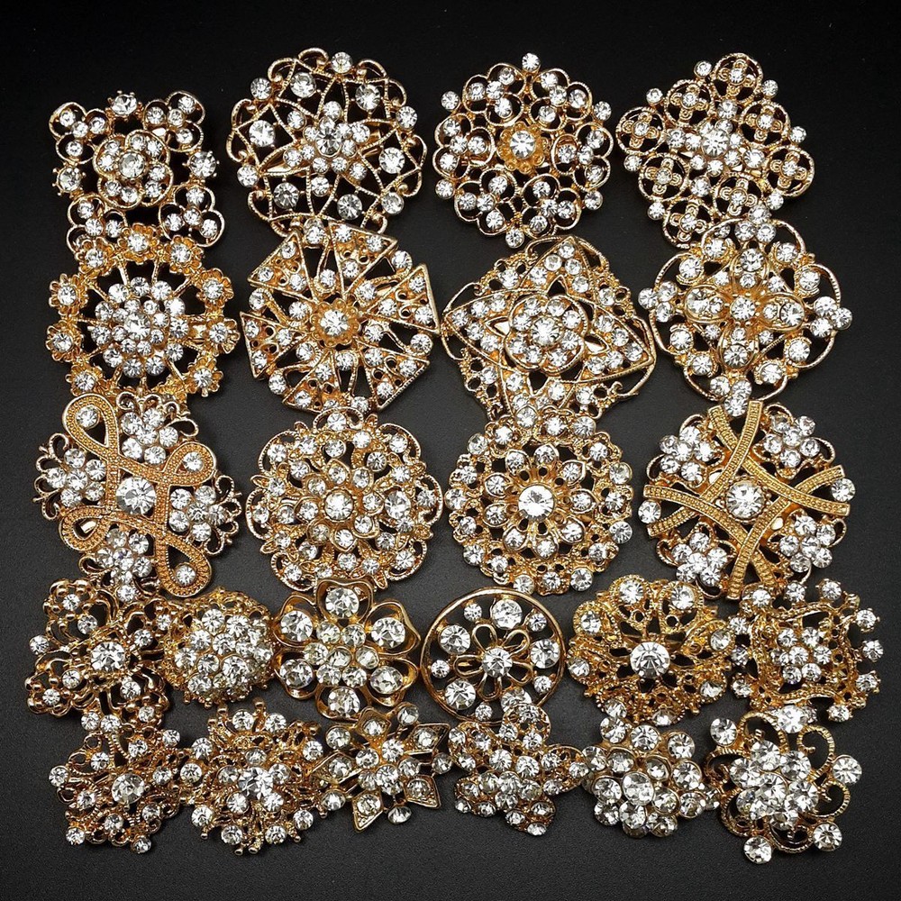 24pcs Mixed Alloy Gold Rhinestone Brooches for DIY Wedding Bouquets