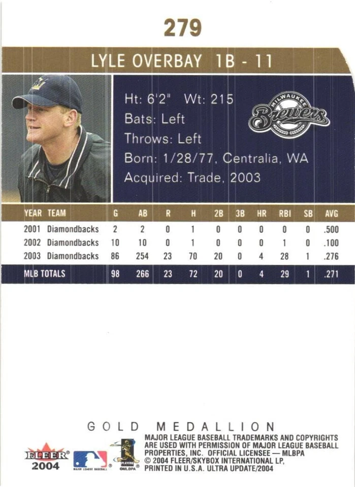 2004 Fleer Ultra - Lyle Overbay #279 Gold Medallion Milwaukee Brewers - Image 2 of 2