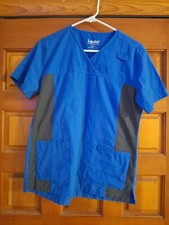 Medical Scrub Top, Blue  Black With Multiple Pockets Women's Size XS XSM 