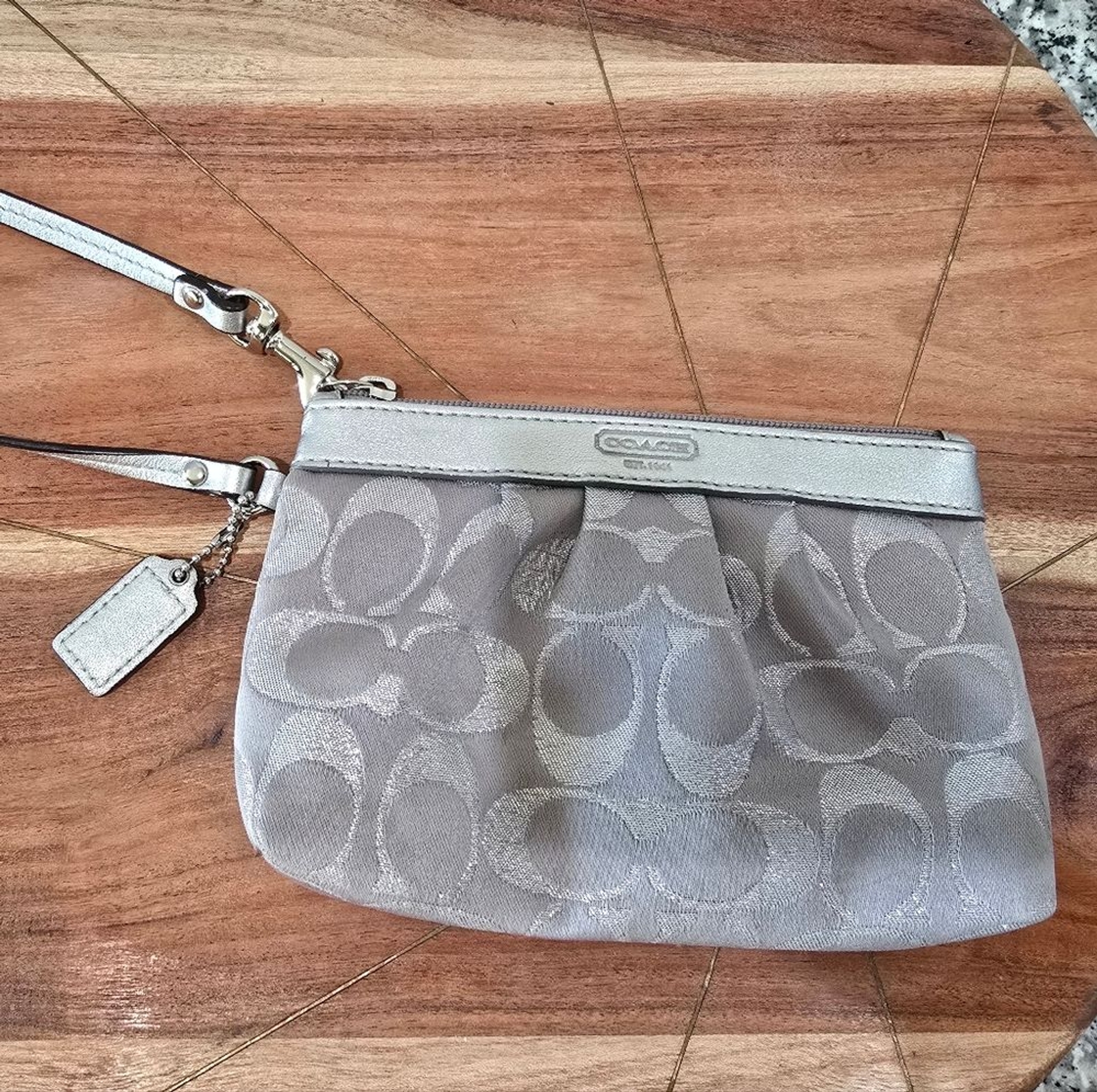 Coach Silver Gray Pleated Wristlet Clutch with Signature Design