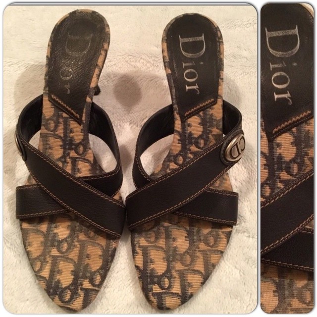 Christian Dior Navy Cross Slides Leather CD logo side Heel Sandals Size 40.5 | eBay