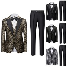 Business Men Suits Tuxedo Peak Lapel Single Breasted Jacket Vest Pants Jacquard