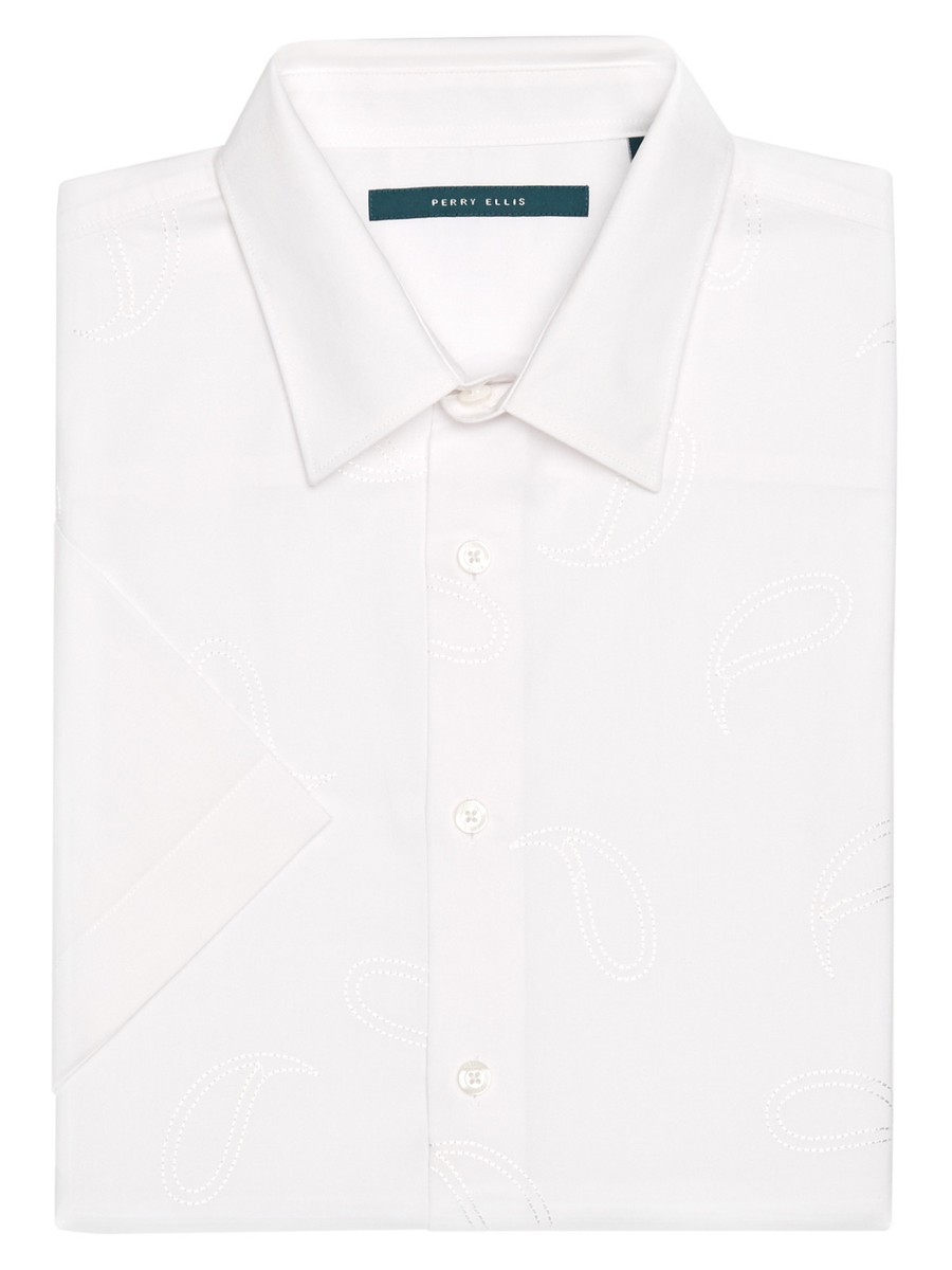 Chemise Perry Ellis Homme – Blanc Éclatant – Manches Courtes – Taille L – 100% Coton