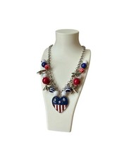 Patriotic Americana Heart Star Charm Necklace Red White Blue Chunky Beads