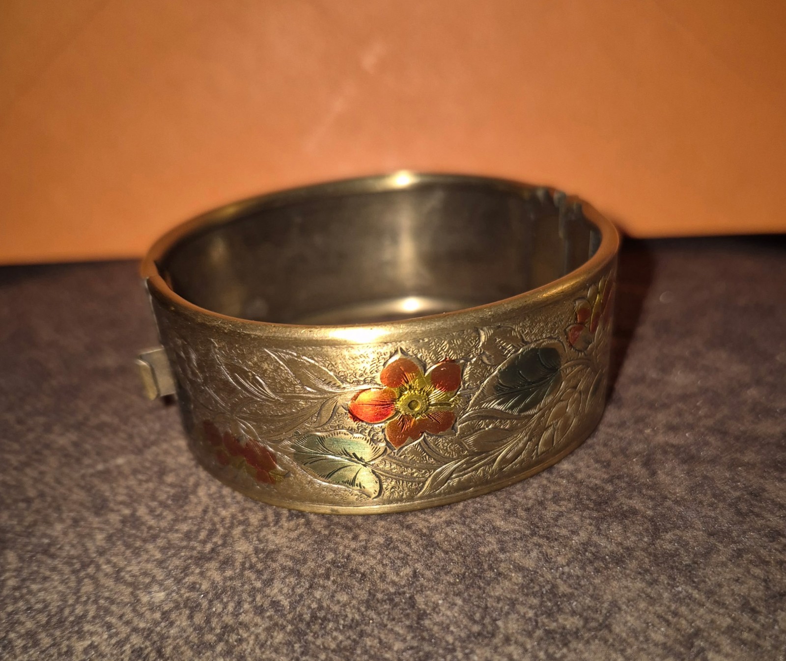 Floral Engraved Bangle Cuff Bracelet Vintage Gold… - image 1
