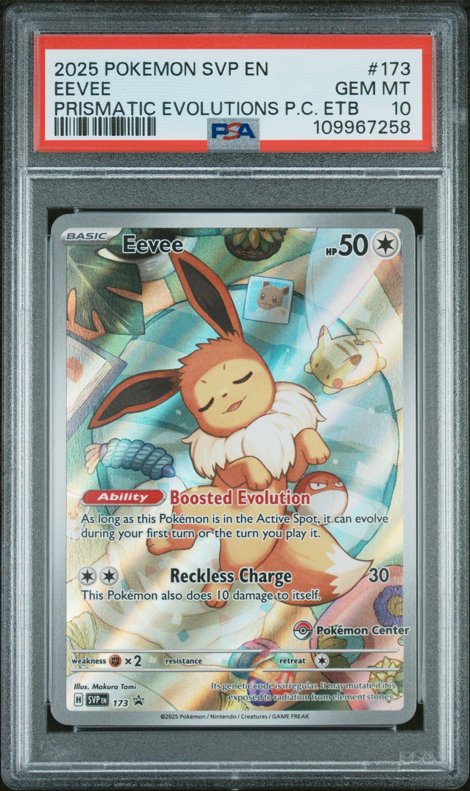 2025 POKEMON PRISMATIC EVOLUTIONS POKEMON CENTER ETB PROMO SVP #173 EEVEE PSA 10
