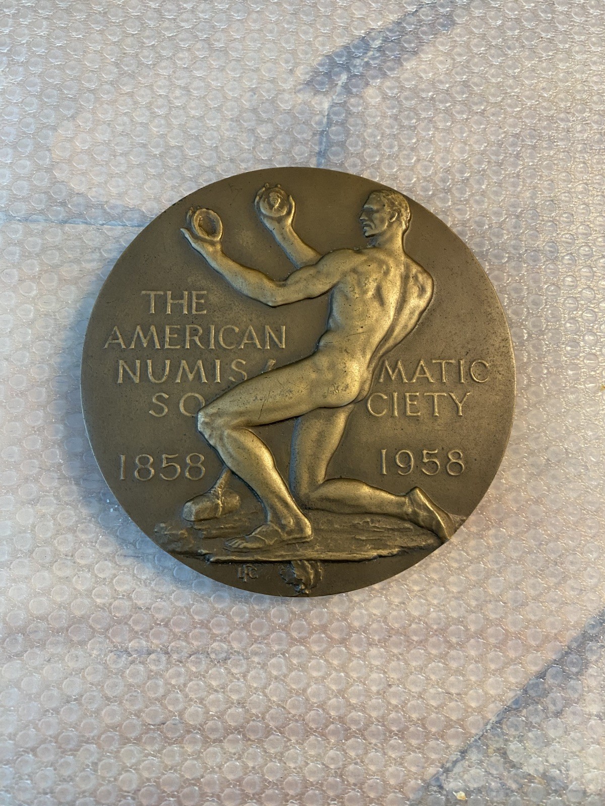ANS 48TH ISSUE 1858-1958 CENTENNIAL 3 1/2" BRONZE MEDAL BY LAURA GARDIN FRASER  