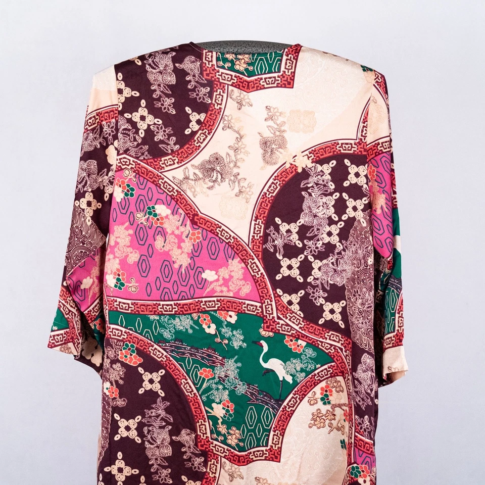 Camisón NATORI Inspirado en Asia Satén Caftán Caftán Cremallera PEQUEÑO Pájaro Flor Grúa Foto 4 de 4