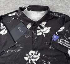 BYLT Polo Shirt Mens Medium Black Floral Orchid Dreams 19th Hole Company Logo