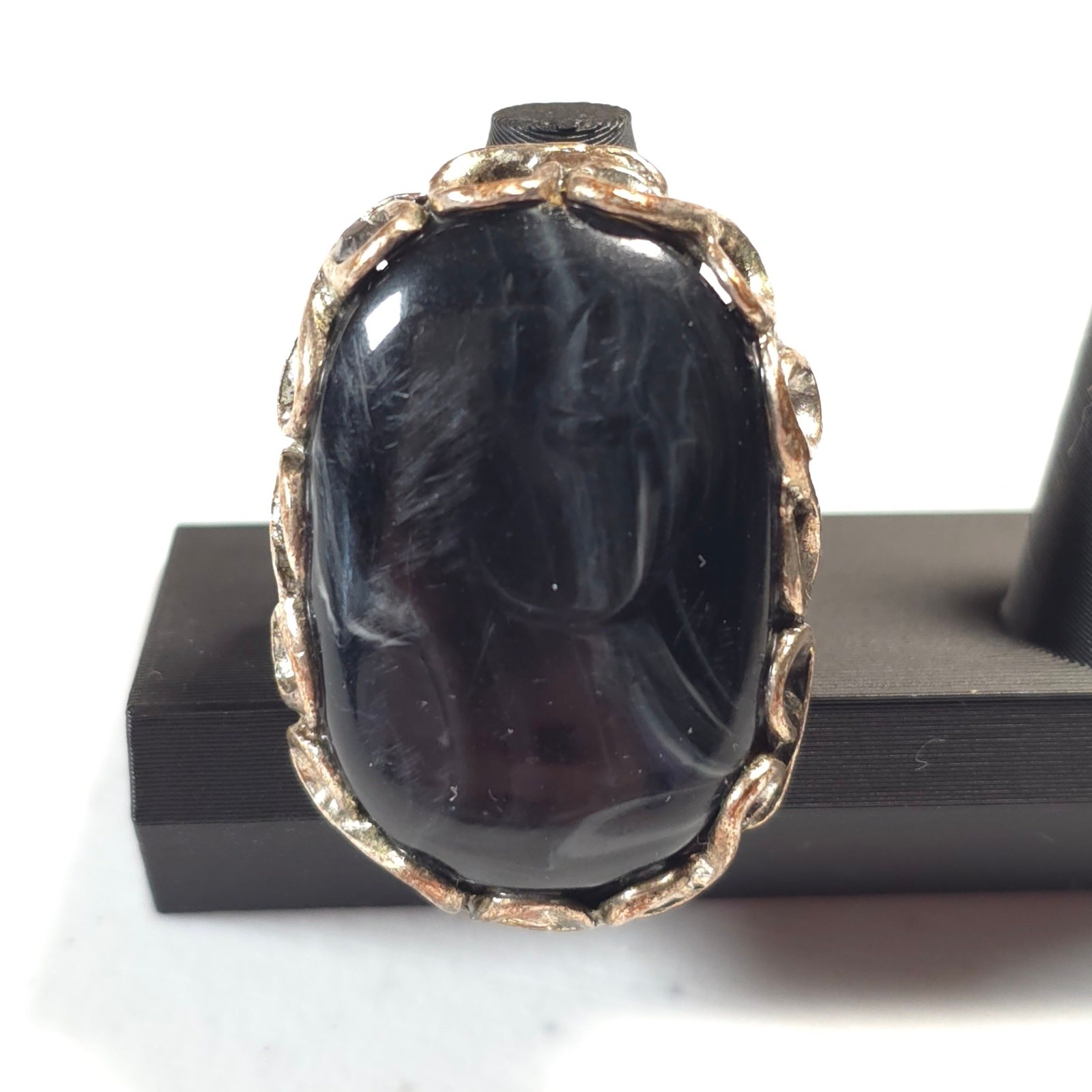 Vintage Unsigned Statement Silver Tone Ring Black… - image 1