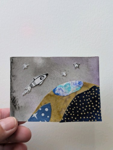 ACEO Original Art Mixed Media Rocketship In Space Signed by artist Therecreative