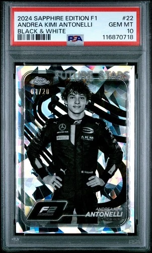 TOPPS CHROME 2024 SAPPHIRE F1 ANDREA KIMI ANTONELLI BLACK &amp; WHITE 1/20 PSA 10