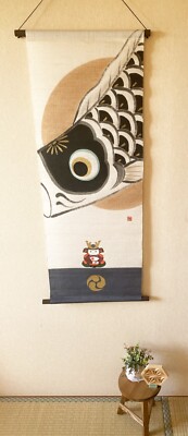 Kyoto Hangin scroll Kakejiku Tapestry Handpaint Koi Carp Kabuto Samurai Japan