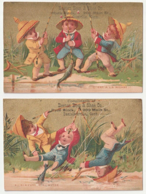 1880s~Danielson Connecticut CT~Boston Boot Co~Kids Fishing~Victorian Trade Card 
