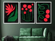 Set of 3 Prints - Abstract Red Flowers Botanical Picture
