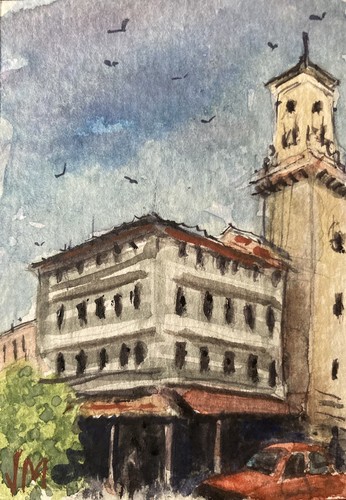 ACEO Original Watercolor Painting collectible art card “ La Ciudad”