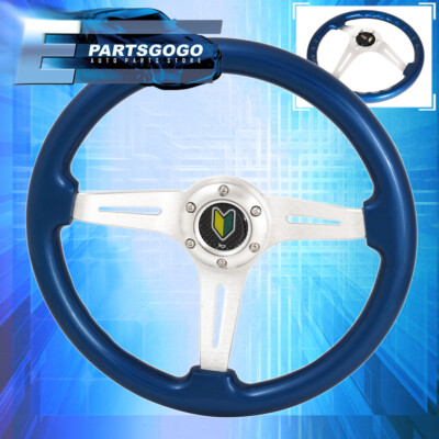 345mm Wakaba 6 Bolt Hole Deep Dish Blue Steering Wheel Trim Silver Center
