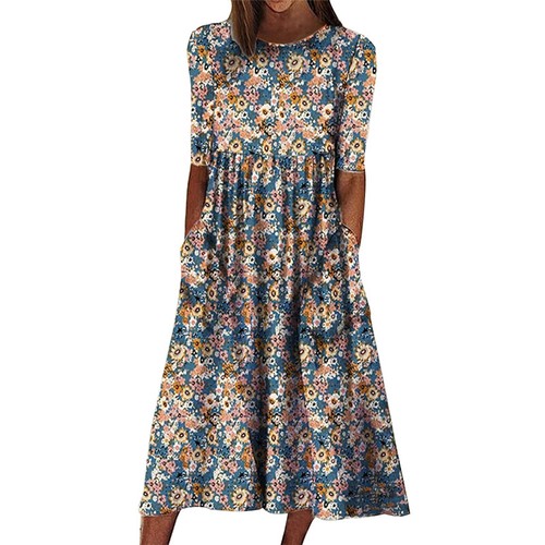 Women Floral Dress Sundress Boho Style Midi Dress T Shirt Dress with Pocket - Picture 11 of 15