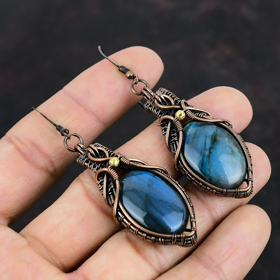 Labradorite Copper Valentine Gift Wire Wrapped Drop/Dangle Earrings 2.87" - Image 2 of 4