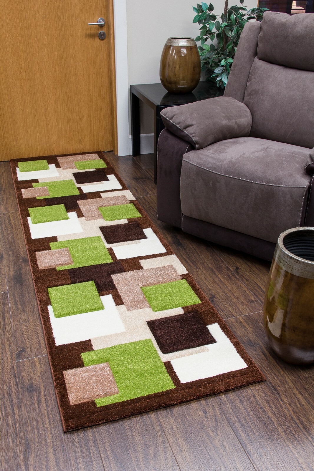 Green Rug Runner Modern Abstract Hand Carved Soft Pile 3D Texture Brown ...