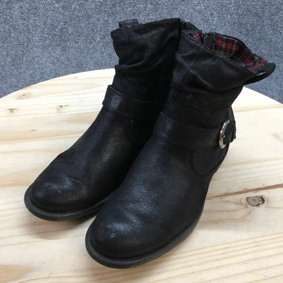 Yuu Botas Mujer 7.5 M Botín de Montar Cuero Negro Punta Redonda Cremallera Cubana Foto 3 de 4