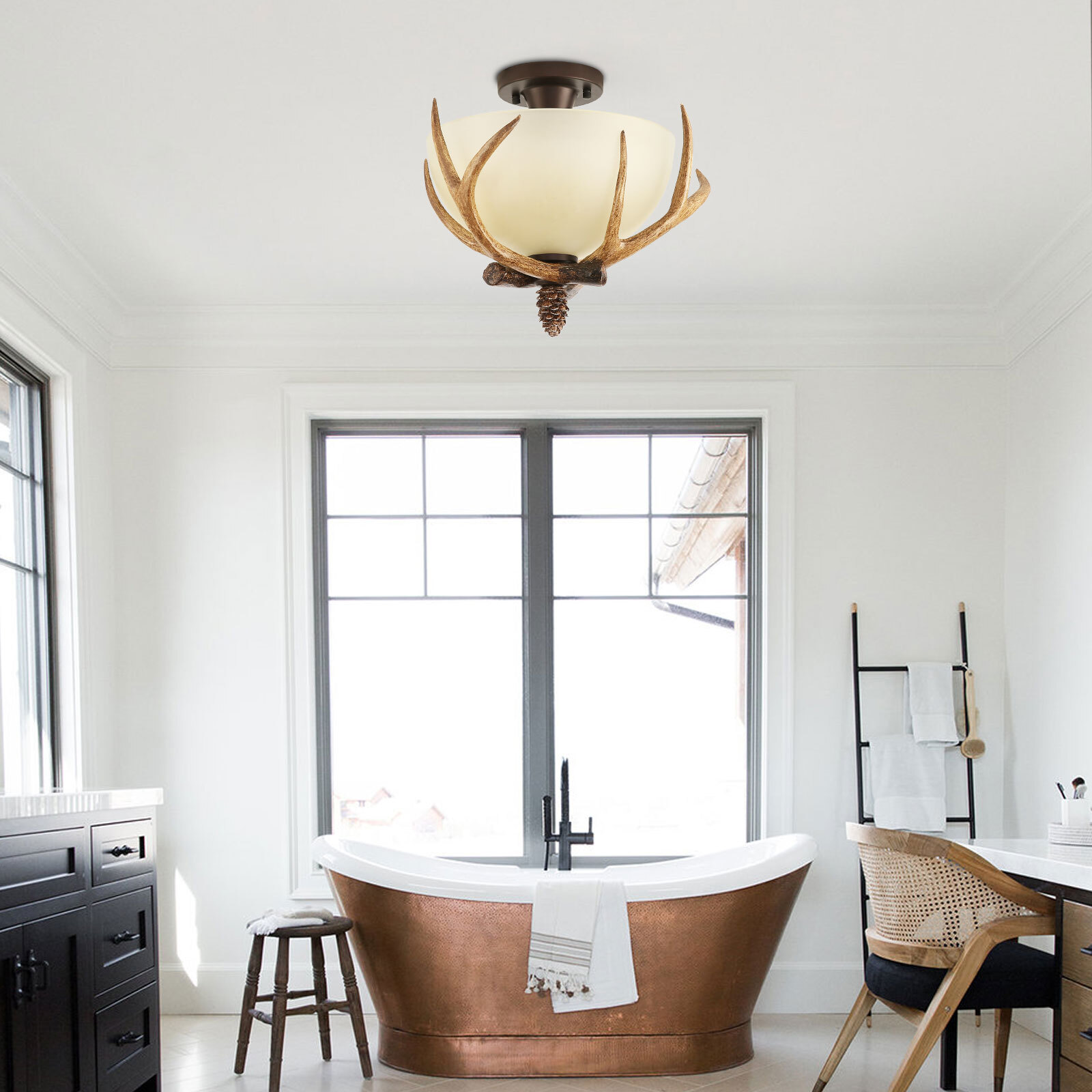 E26 Antler Chandelier Semi Flush Mount Ceiling Light Fixture Rustic Pendant Lighting  