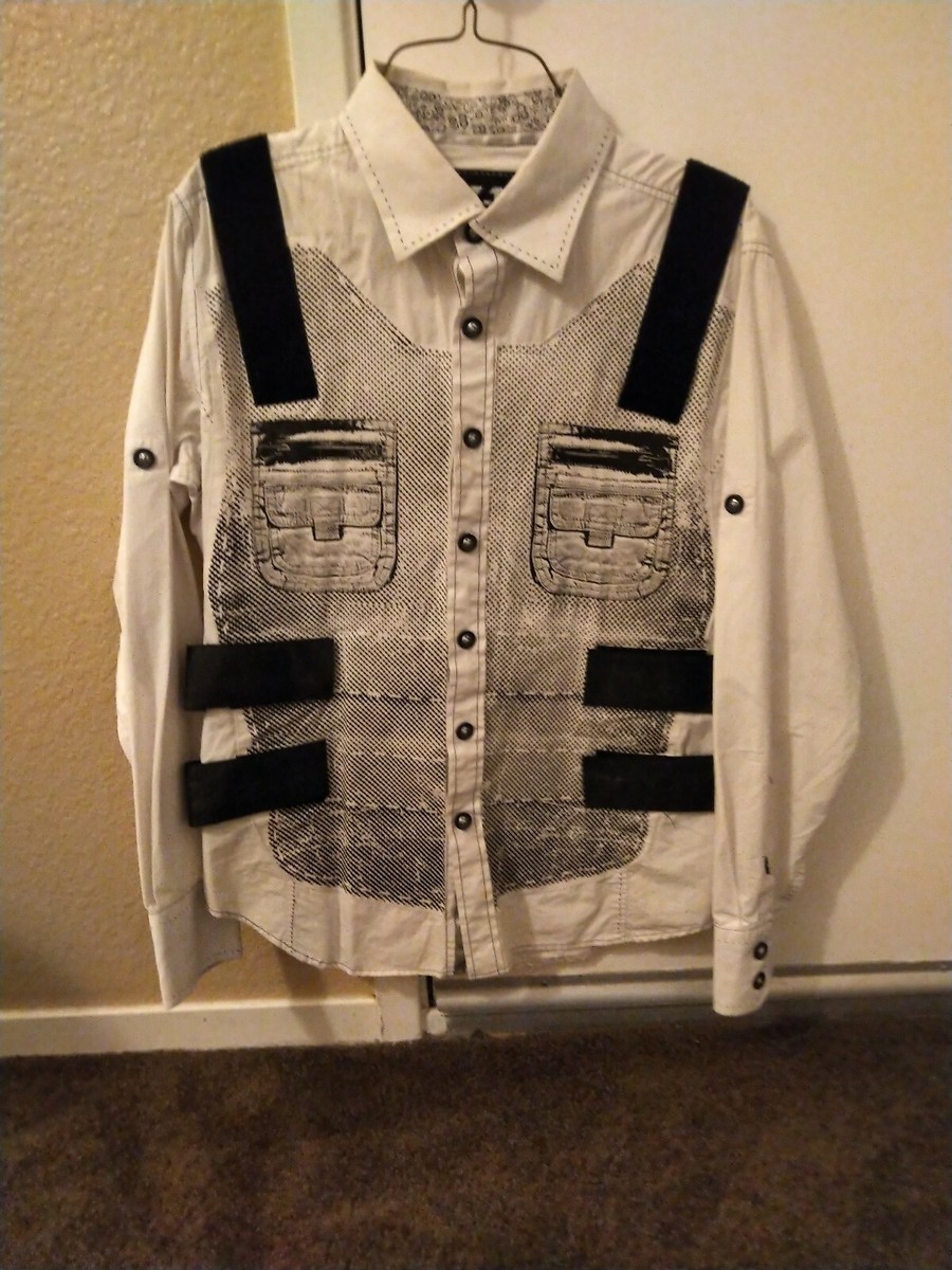 Dress Shirt Men's S Bulletproof Vest Art White rhinestones grenade wings Rare Dress Shirt Men's S Bulletproof Vest Art White rhinestones grenade wings Rare
