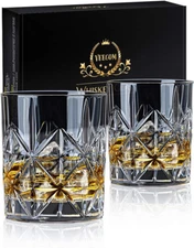 Whiskey Glass Set of 2,  10 Oz Crystal Whiskey Glasses Thick Bottom Bourbon G...