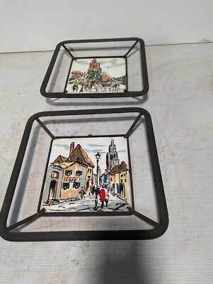 Set of 2 Vintage Dario Painted Ceramic Tiles in Unique Frames, Tiles Are 6'' x 6''