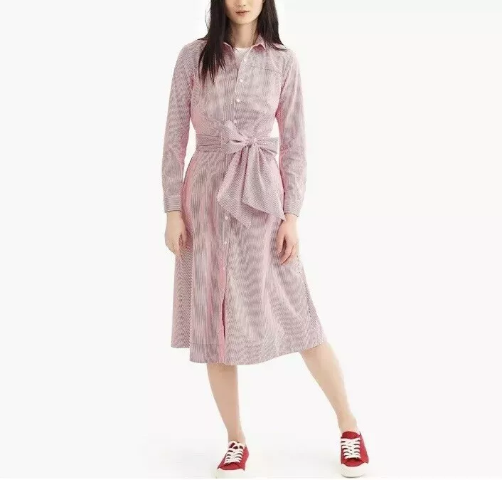 New J. Crew Tie Waist Shirt Dress in Stripe Size 0 Red and White