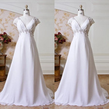 Chiffon Wedding Dresses Short Sleeve V Neck Elegant Sweep Train Boho Bridal Gown
