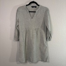 Tahari Gray 100% Linen Pintuck V-Neck Tunic Mini Dress Womens XS