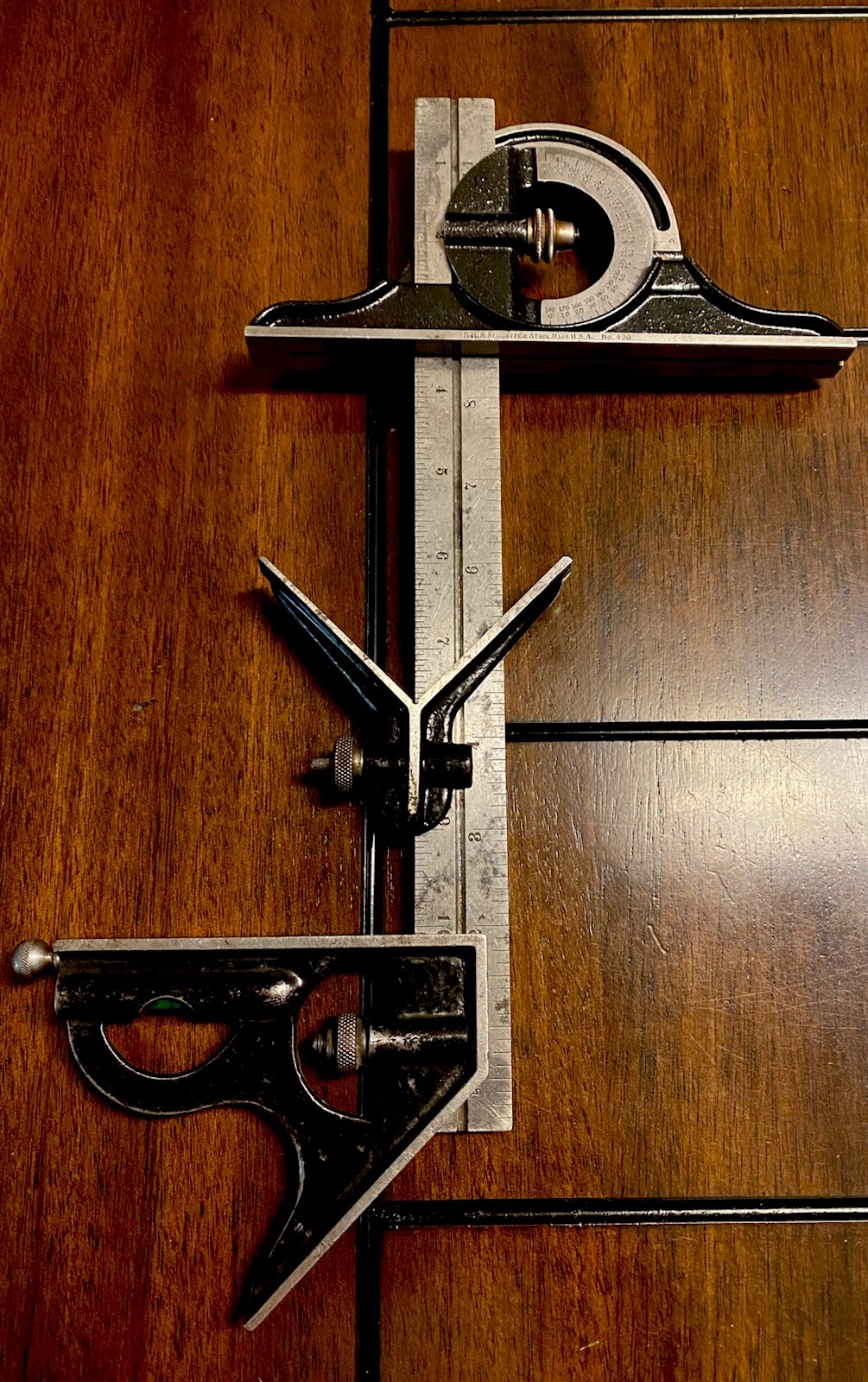 Brown & Sharpe 12” No.4 Steel Combination Rule W/ Starrett No.490 Protractor USA