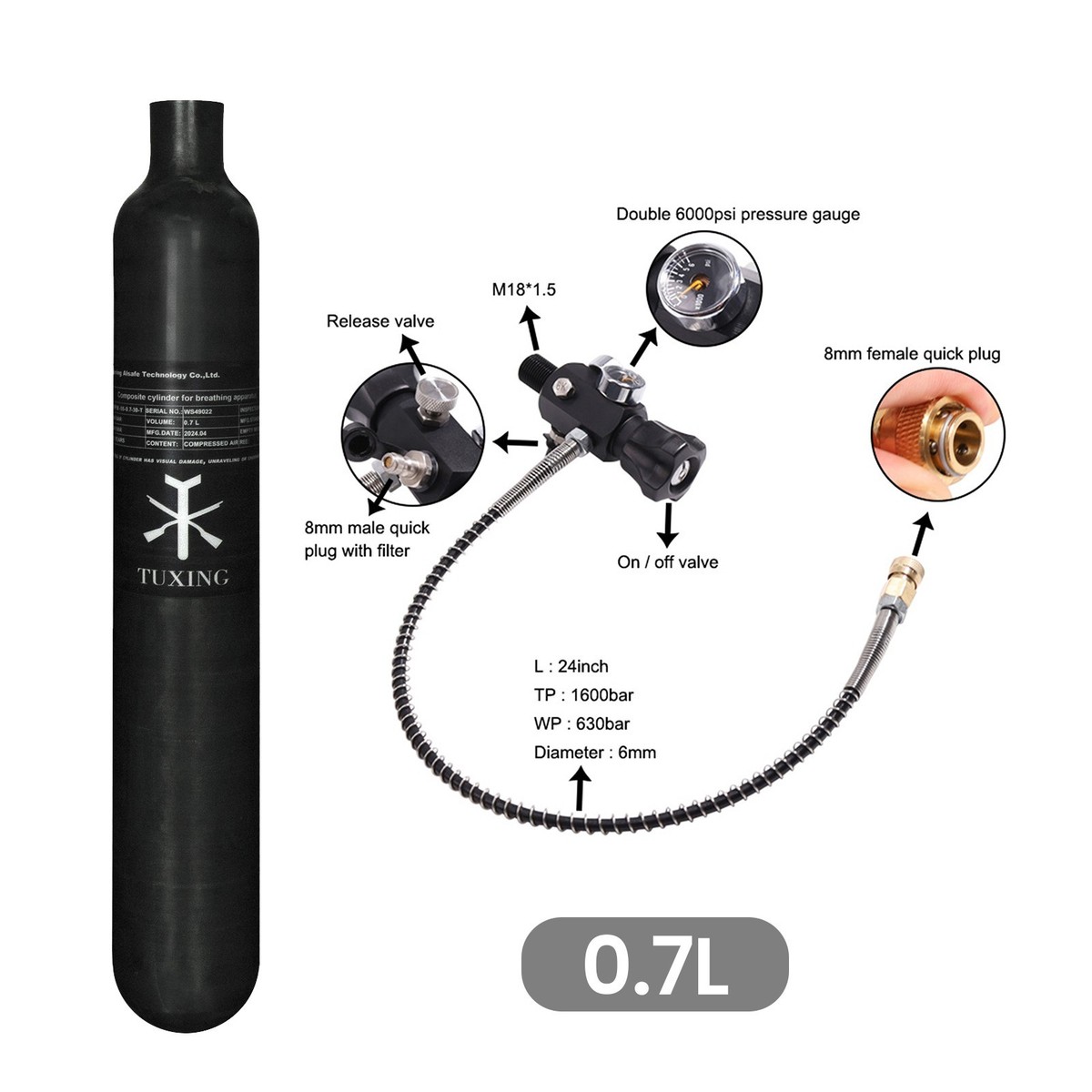 TUXING Réservoir HPA en Fibre de Carbone 30Mpa 4500Psi, 0.7L