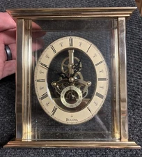 Vintage Bulova Desk Skeleton Clock Gold Finish Glass B1750
