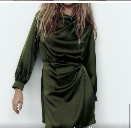 ZARA FLOWY COLLAR SATIN EFFECT DRESS GREEN Size M Long sleeve Gold cuffs - Picture 14 of 18