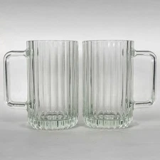 Pair Vintage Bormioli Rocco Italy Mug Stein Ribbed Heavy Clear Glass Bar Beer