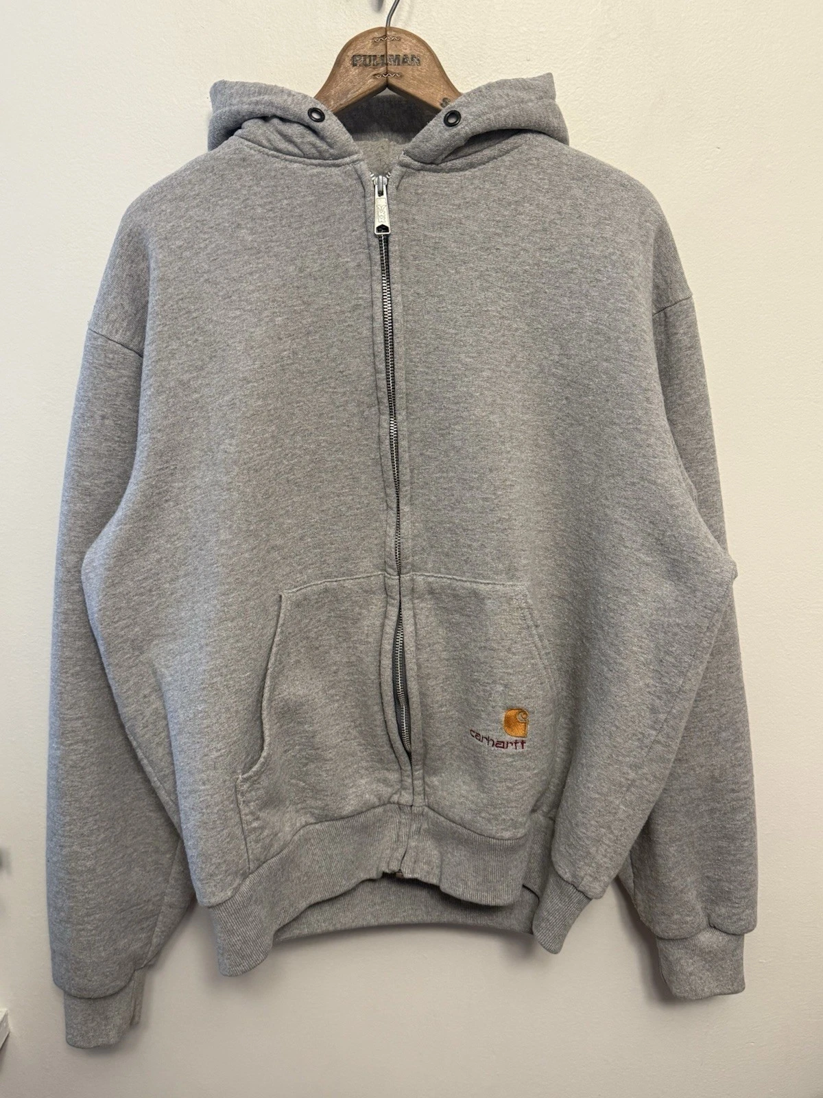 Vintage 80s XL Carhartt Waffle Thermal Lined Full Zip Hoodie Sweatshirt USA Gray