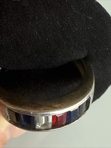 Anello argento sterling fascia pietra rossa bianca blu gioielli vintage 925 misura 11,5 - Foto 4 di 6