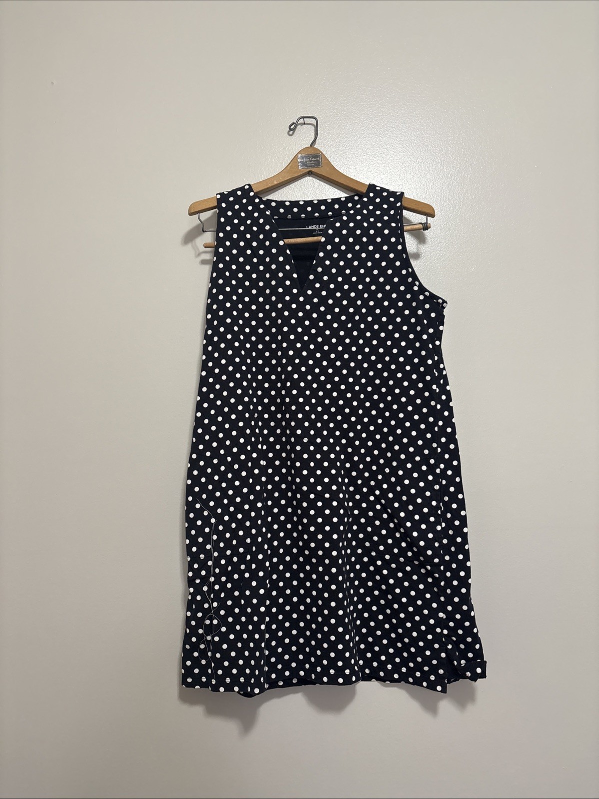 Lands End Womens Polka Dot Sleeveless Cotton Shift Dress Navy White Size M