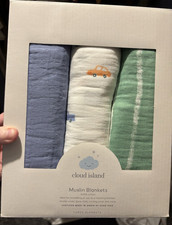Cloud Island Muslin Blankets 3-Pack Cotton Breathable Cars Blue White Green
