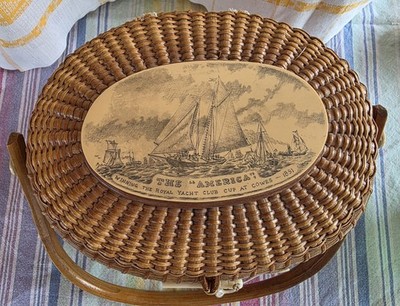 Vintage Nantucket Lightship Basket Purse W/ Scrimshaw Plaque The America Farnum