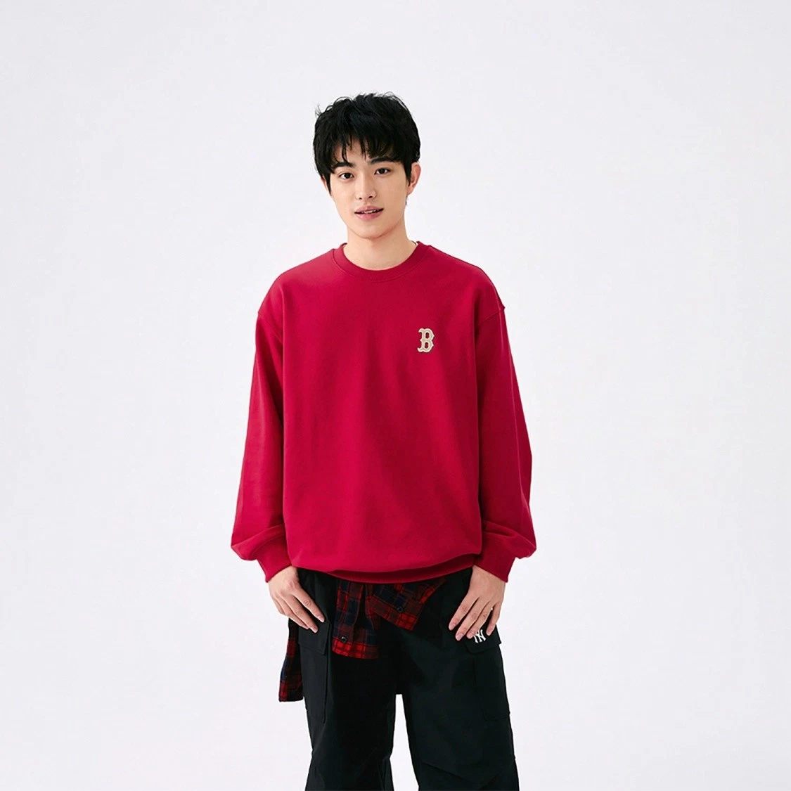 Printed Pattern Solid Color Loose Fit Long Sleeve Sweatshirt Unisex Dark Red