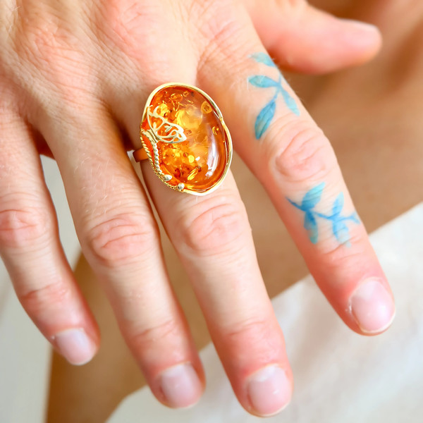 Alternate view of Baltic Cognac Amber Butterfly Ring 14k Gold Plated Sterling Silver Adjustable