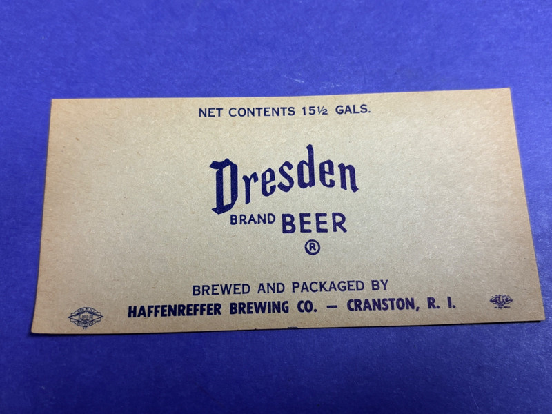 RARE VINTAGE DRESDEN BEER KEG LABEL HAFFENREFFER BREWING CRANSTON RHODE ISLAND
