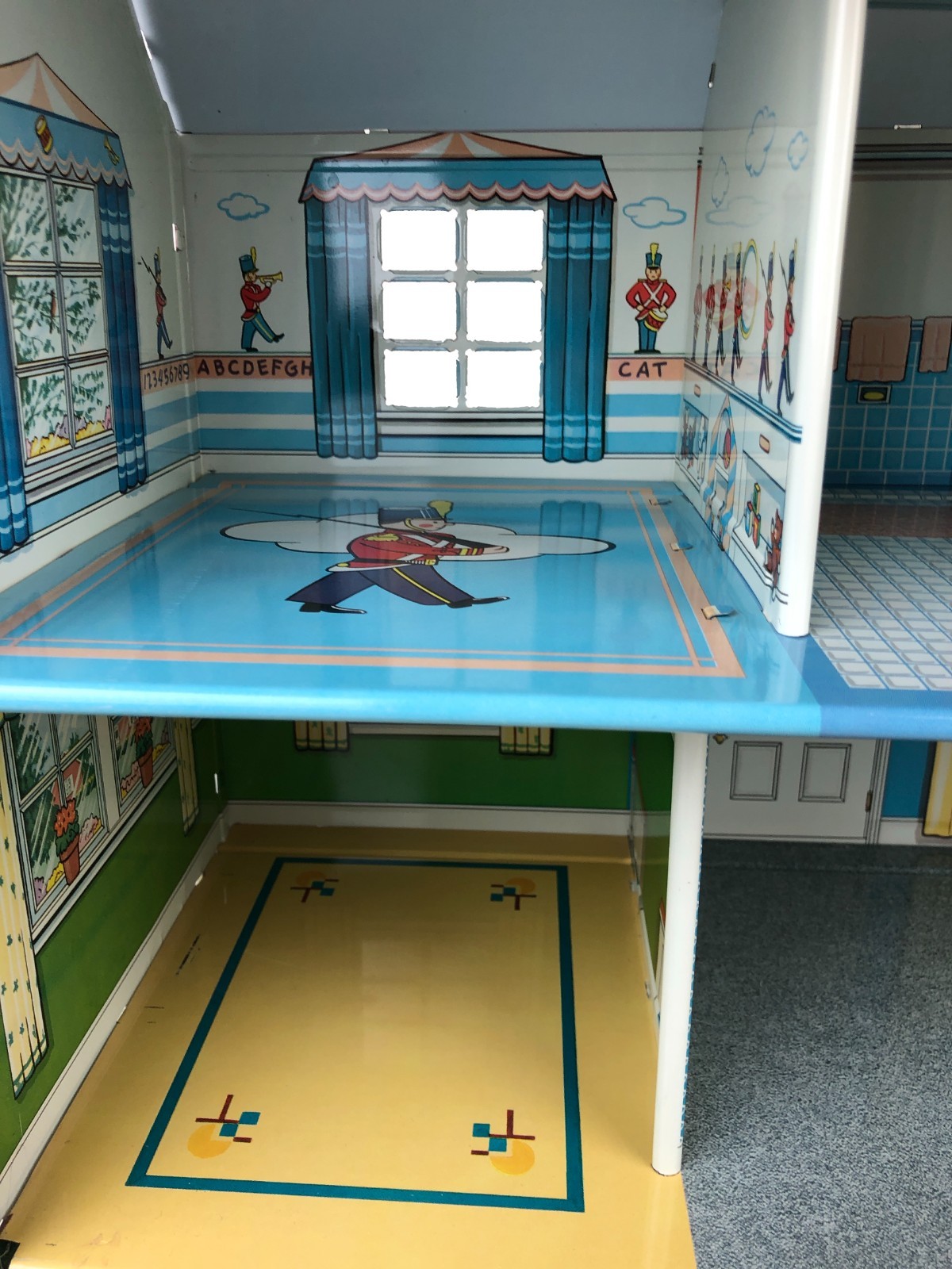 Vtg Marx Doll House 1960's Tin Litho Metal Colonial 2 Story Red & White Brick