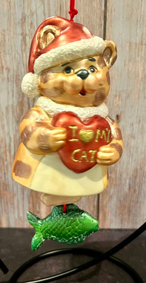 Ceramic I Love My Cat Bell Cat w/Feet & Fish Hanging Bell Christmas Ornament