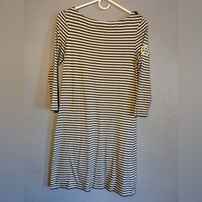 Tory Burch Boatneck Button Shoulder Dress SM Gray White Stripe 3/4 Sleeve Cotton