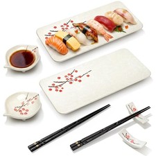 8 Pcs Ceramic Sushi Plate Set, Floral Japanese Serving Dishes, Sushi