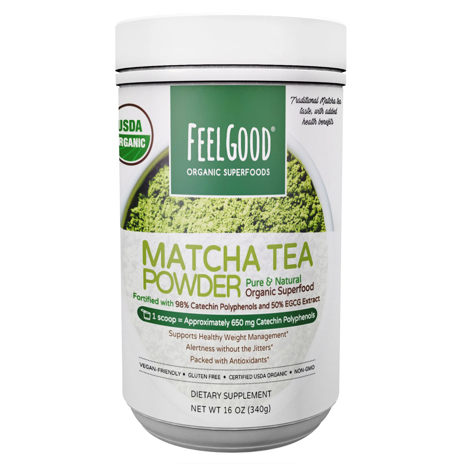 Feel Good Organic USDA Certified Matcha Tea Powder, 16oz, Ve